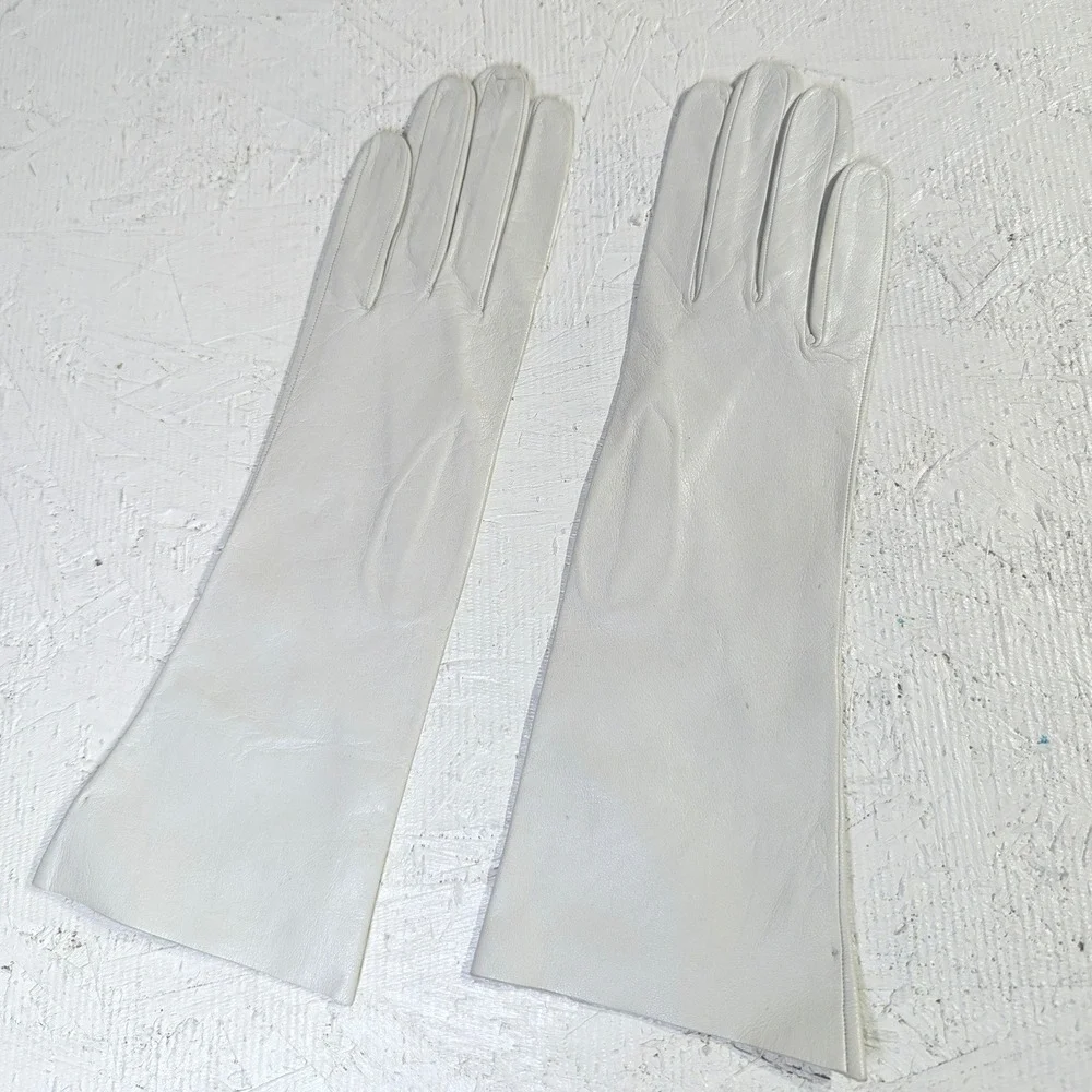 Vintage Lavable Leather Opera Gloves – 7 White Mid Length Made in France